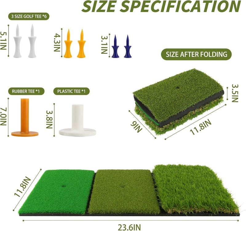 jkwokback 3-in-1 Golf Hitting Mat | Turf Golf Practice Mat for Swing, Putting & Chipping | Portable Golf Mats Practice Indoor/Outdoor Golf Hitting Mat with 8 Tees Golf Training Mat - Image 2